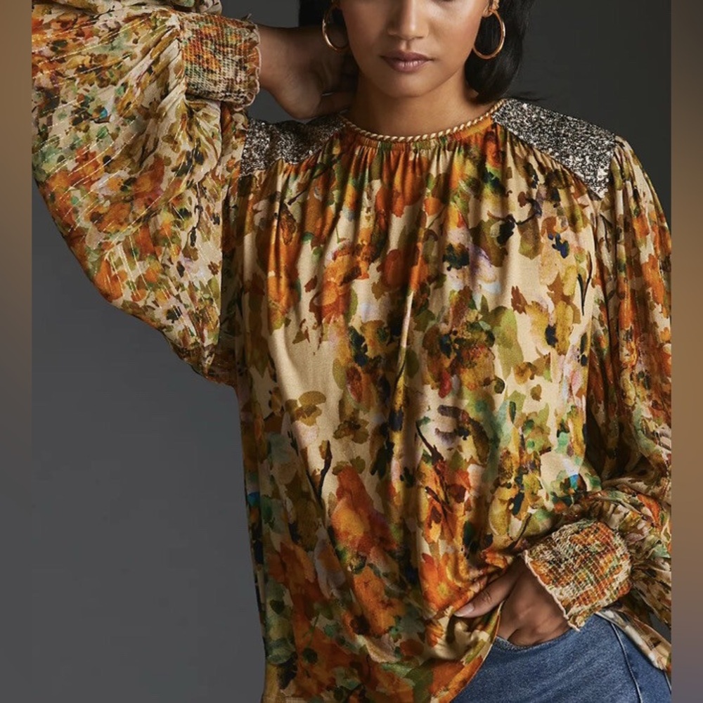 Bl-nk London x Anthropologie Sequin-Embellished XS Yellow Gold Blouse